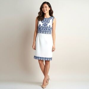 Katherine Kelly Ivory Blue Embroidered Sheath Dress Size 8 Coastal Chic
